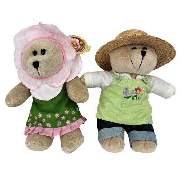 Starbucks Bearista Bear Lot of 2 Flower Gardener 2006 2010 Edition Plush Stuffed - Picture 1 of 12